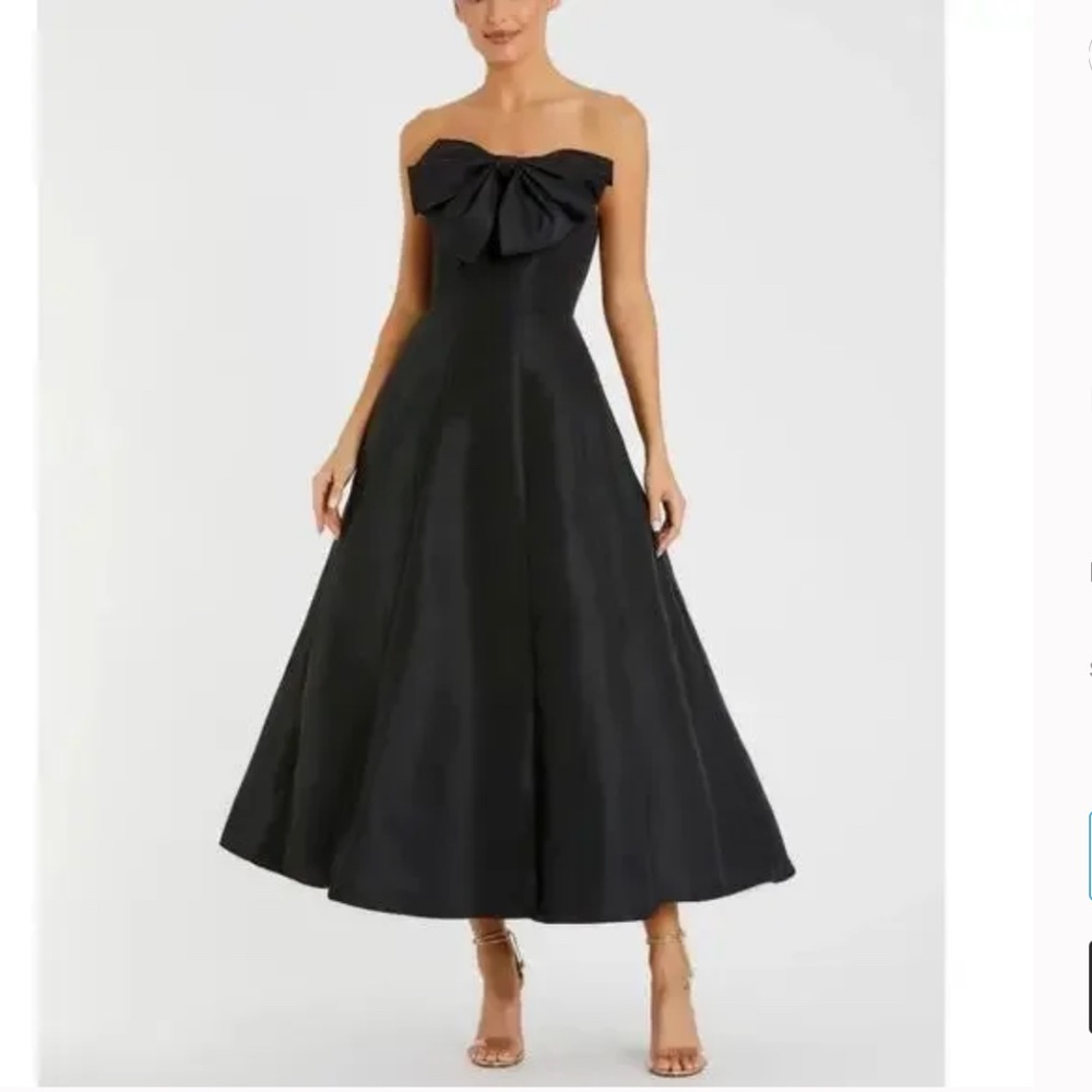 Mac Duggal 49605 Black Strapless A-Line Tea Length Bow Detail Dress Sz. 4 NWT